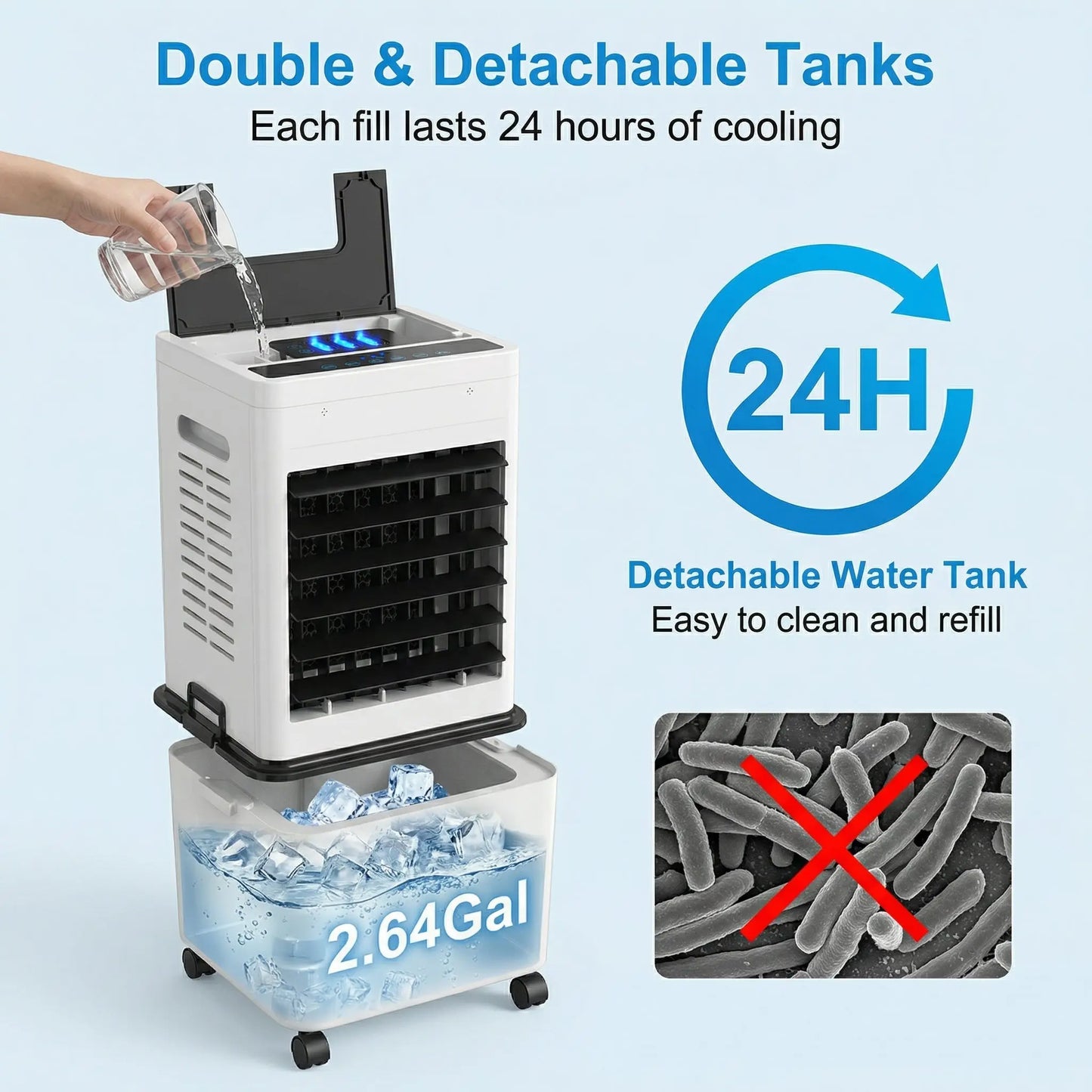 4 in 1 Evaporative Air Cooler, Windowless Portable Air Conditioner with Remote, Humidifier, 6 Speeds , 24H Timer, Swamp Cooler with 2.64 Gal Detachable Water Tank for Bedroom