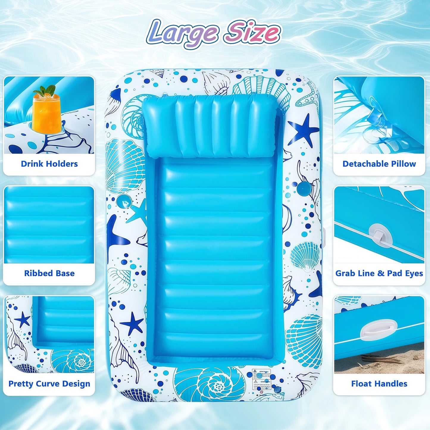Inflatable Tanning Pool Rafts for Adults, 70" X 46" Pool Floats with Pillow, 4-In-1 Suntan Tub Raft Floatie, Sunbathing Bed Lounge for Water Backyard, Blow up Kids' Ball Pit, Blue