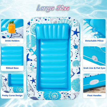 Inflatable Tanning Pool Rafts for Adults, 70" X 46" Pool Floats with Pillow, 4-In-1 Suntan Tub Raft Floatie, Sunbathing Bed Lounge for Water Backyard, Blow up Kids' Ball Pit, Blue