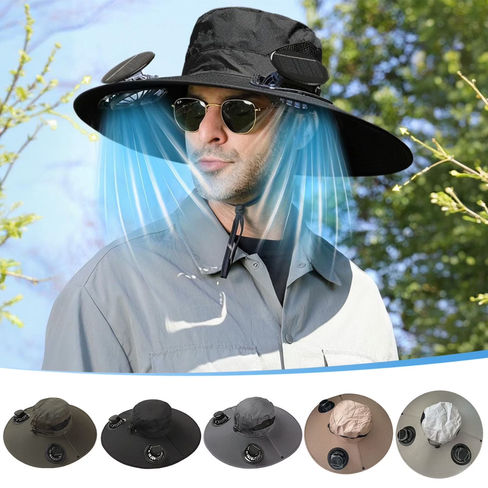Solar Fan Hat,Solar Powered Fan Hat,Wide Brim Solar Fan Hat Outdoor Wide Brim Sun Hat Solar Panel Fan Hat Solar Hat with Built in Fan with 2 Solar Fan Fishing Hat for Men - Removable & Usb Charging