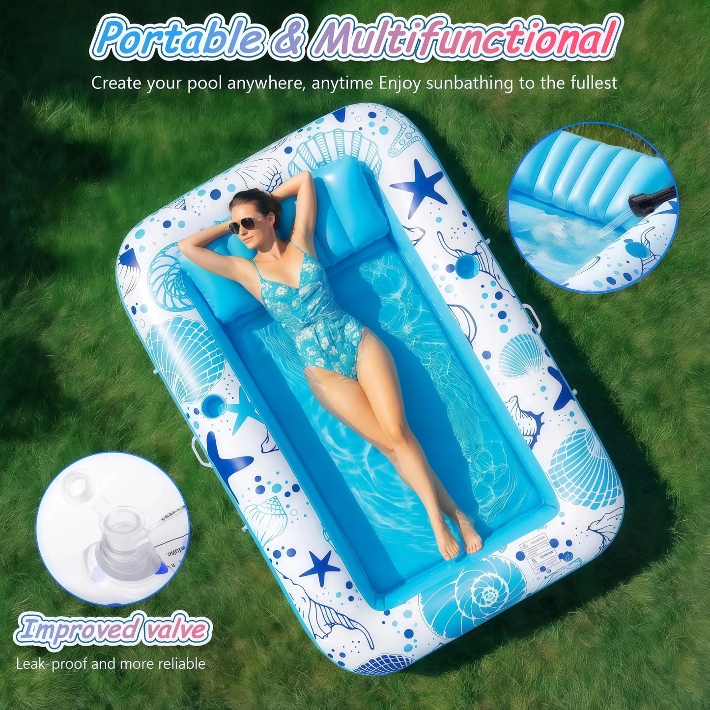 Inflatable Tanning Pool Rafts for Adults, 70" X 46" Pool Floats with Pillow, 4-In-1 Suntan Tub Raft Floatie, Sunbathing Bed Lounge for Water Backyard, Blow up Kids' Ball Pit, Blue