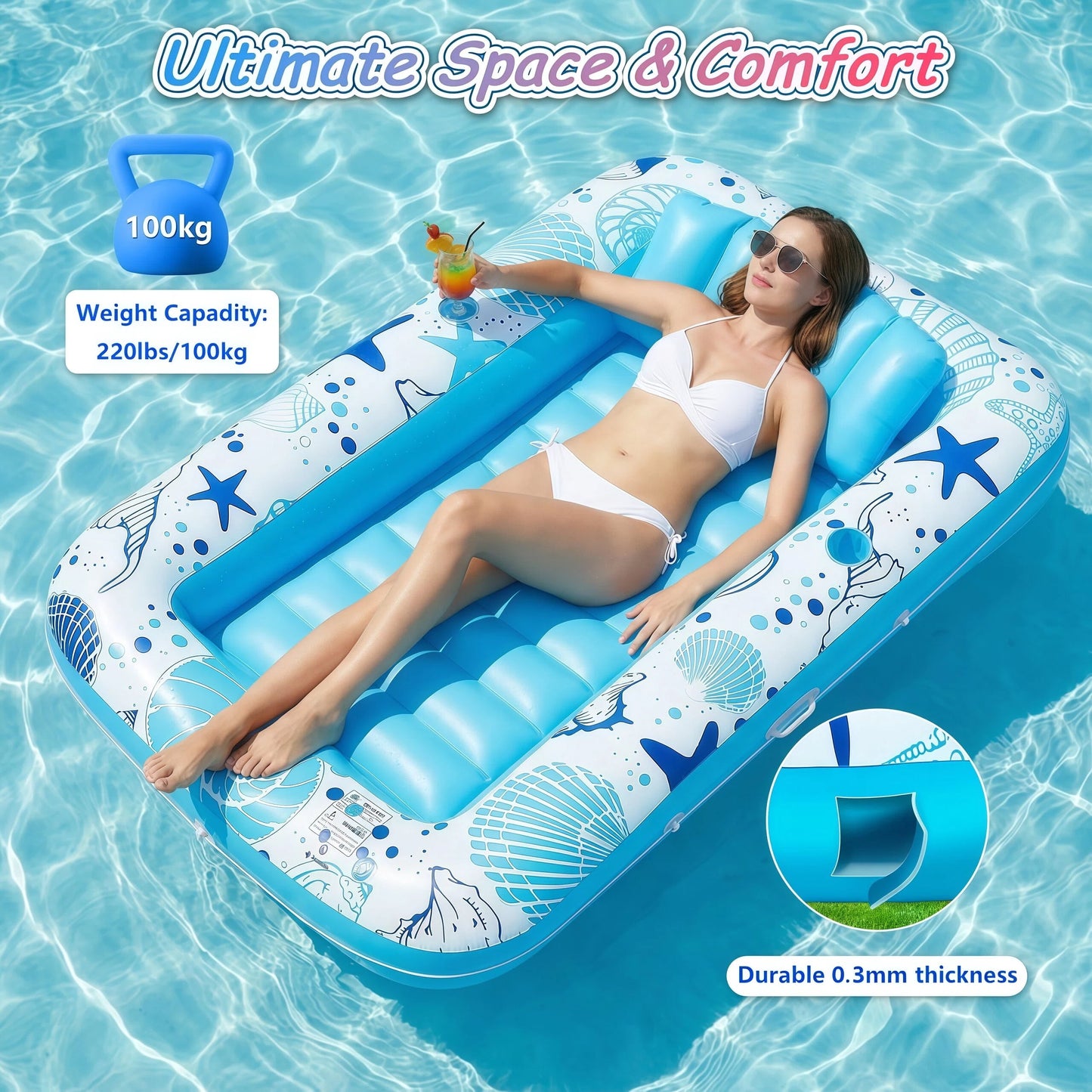 Inflatable Tanning Pool Rafts for Adults, 70" X 46" Pool Floats with Pillow, 4-In-1 Suntan Tub Raft Floatie, Sunbathing Bed Lounge for Water Backyard, Blow up Kids' Ball Pit, Blue