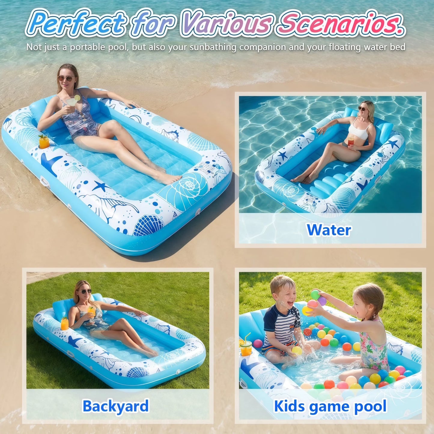 Inflatable Tanning Pool Rafts for Adults, 70" X 46" Pool Floats with Pillow, 4-In-1 Suntan Tub Raft Floatie, Sunbathing Bed Lounge for Water Backyard, Blow up Kids' Ball Pit, Blue