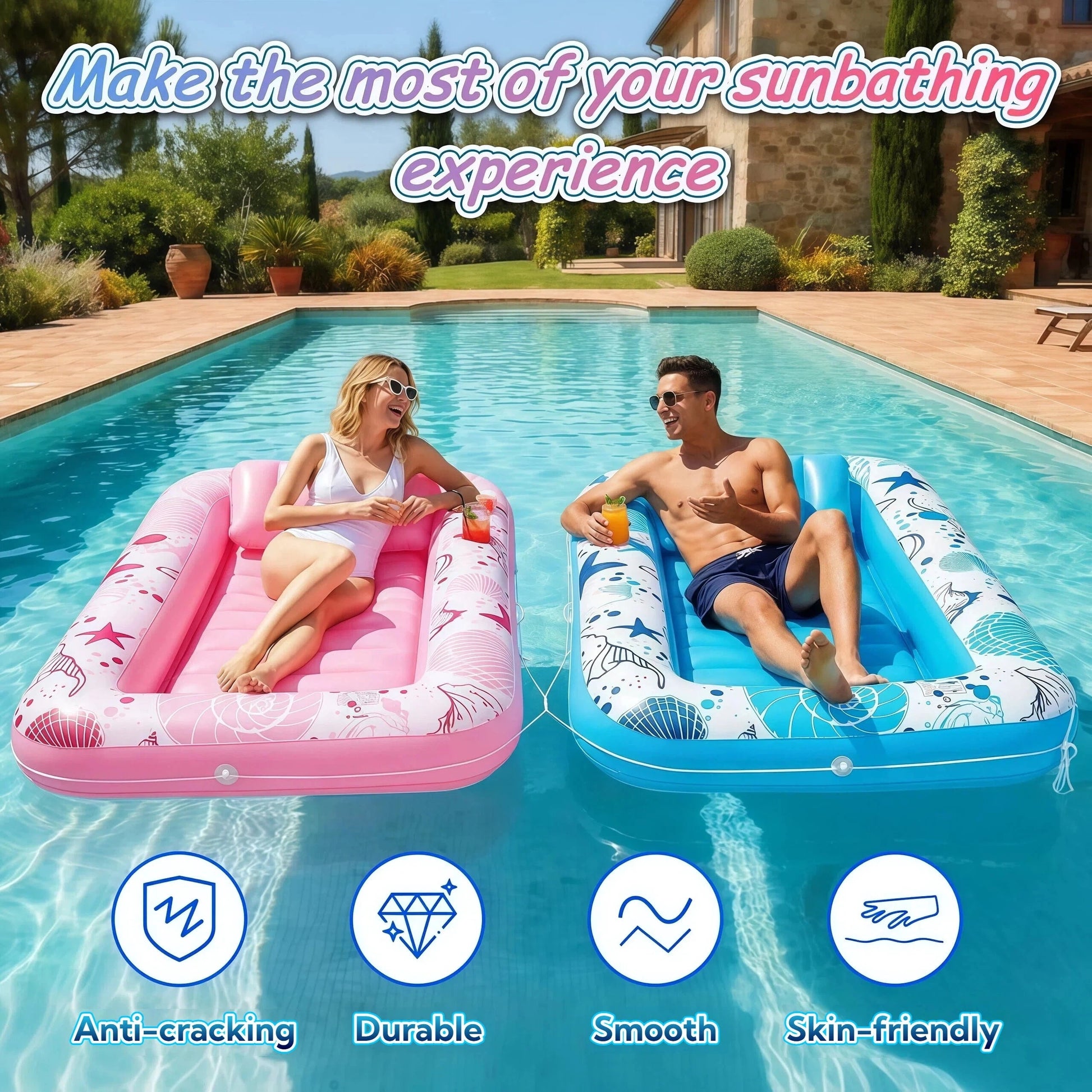 Inflatable Tanning Pool Rafts for Adults, 70" X 46" Pool Floats with Pillow, 4-In-1 Suntan Tub Raft Floatie, Sunbathing Bed Lounge for Water Backyard, Blow up Kids' Ball Pit, Blue