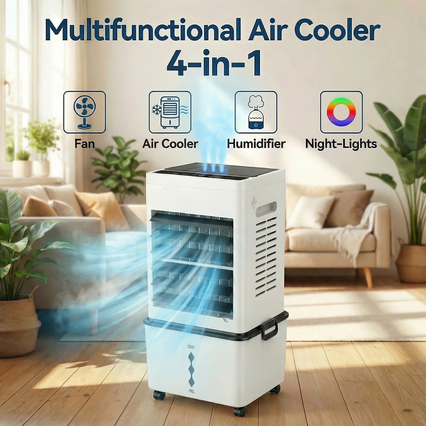 4 in 1 Evaporative Air Cooler, Windowless Portable Air Conditioner with Remote, Humidifier, 6 Speeds , 24H Timer, Swamp Cooler with 2.64 Gal Detachable Water Tank for Bedroom