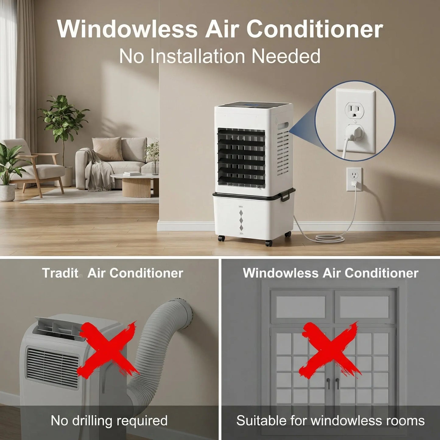 4 in 1 Evaporative Air Cooler, Windowless Portable Air Conditioner with Remote, Humidifier, 6 Speeds , 24H Timer, Swamp Cooler with 2.64 Gal Detachable Water Tank for Bedroom