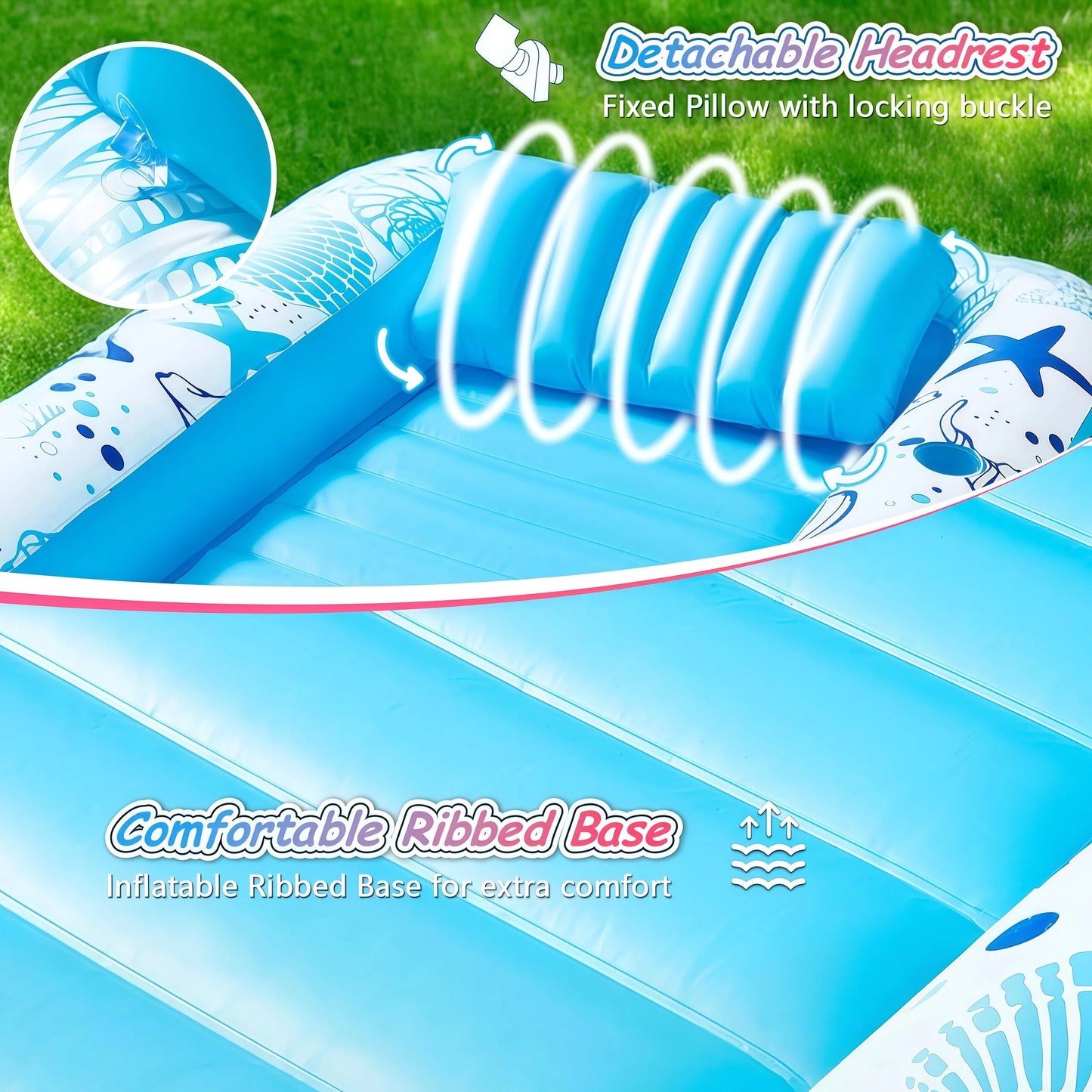 Inflatable Tanning Pool Rafts for Adults, 70" X 46" Pool Floats with Pillow, 4-In-1 Suntan Tub Raft Floatie, Sunbathing Bed Lounge for Water Backyard, Blow up Kids' Ball Pit, Blue