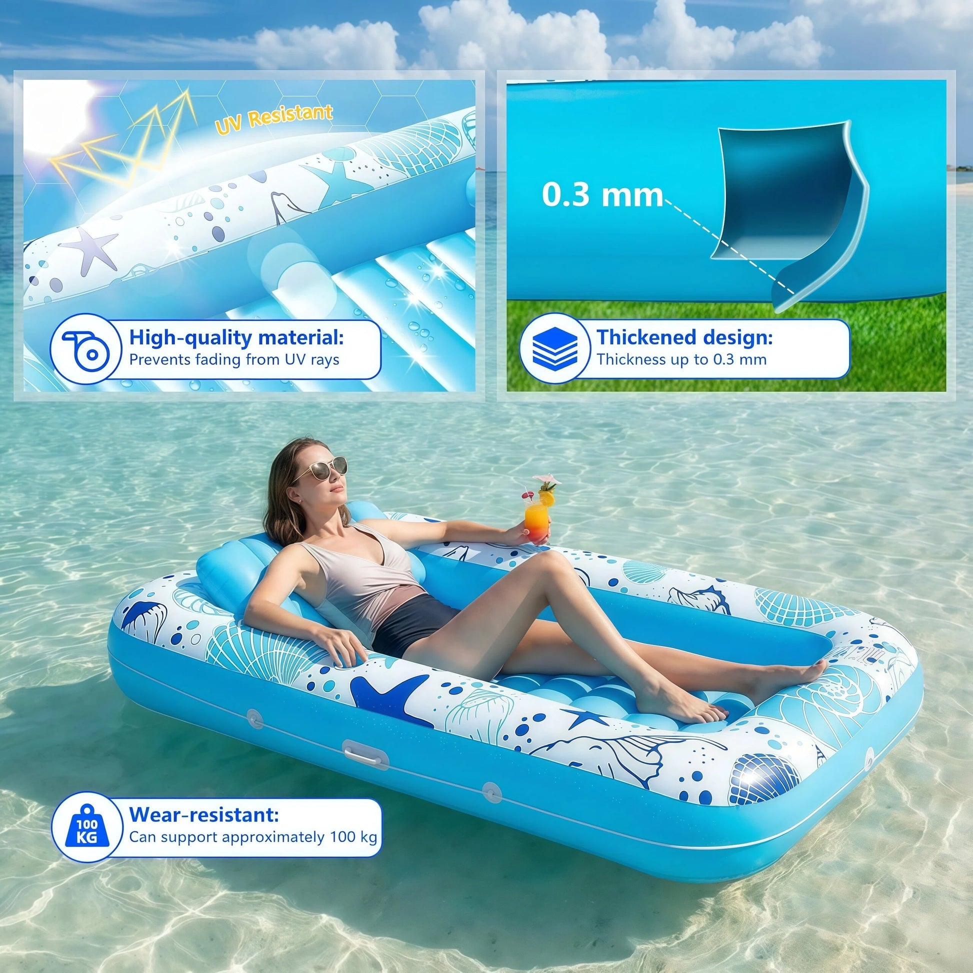 Inflatable Tanning Pool Rafts for Adults, 70" X 46" Pool Floats with Pillow, 4-In-1 Suntan Tub Raft Floatie, Sunbathing Bed Lounge for Water Backyard, Blow up Kids' Ball Pit, Blue