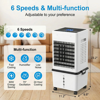 4 in 1 Evaporative Air Cooler, Windowless Portable Air Conditioner with Remote, Humidifier, 6 Speeds , 24H Timer, Swamp Cooler with 2.64 Gal Detachable Water Tank for Bedroom