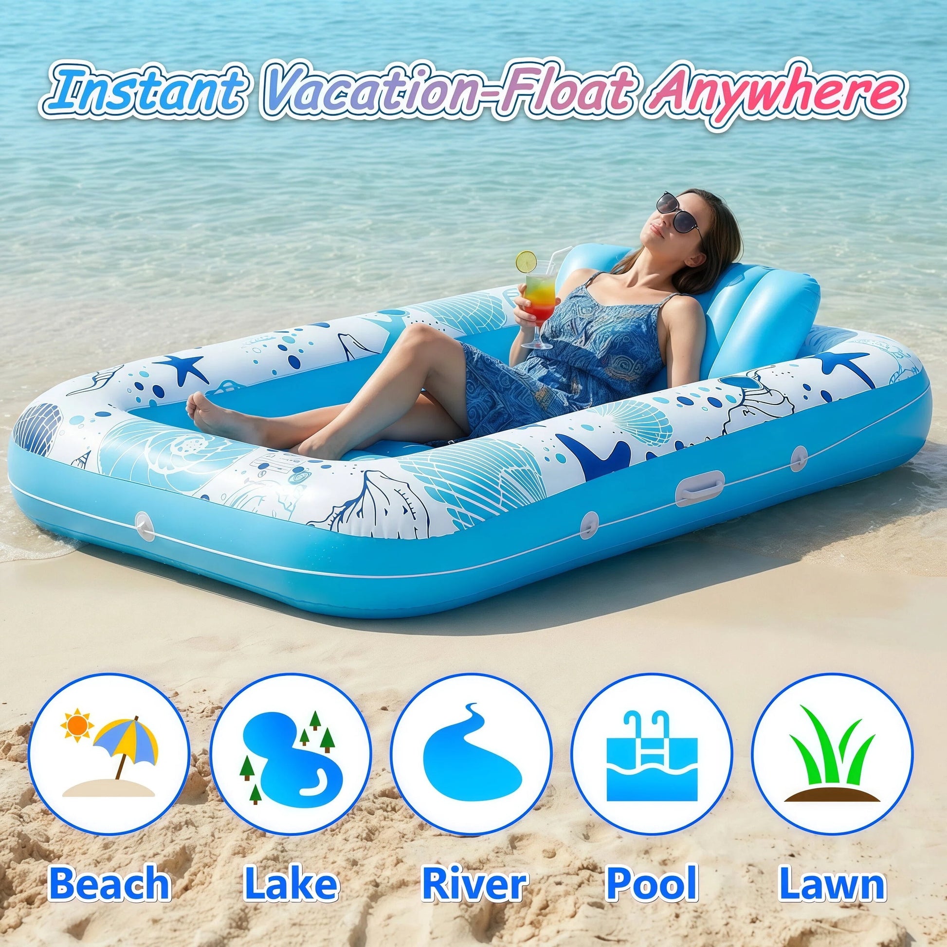 Inflatable Tanning Pool Rafts for Adults, 70" X 46" Pool Floats with Pillow, 4-In-1 Suntan Tub Raft Floatie, Sunbathing Bed Lounge for Water Backyard, Blow up Kids' Ball Pit, Blue
