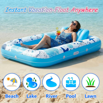 Inflatable Tanning Pool Rafts for Adults, 70" X 46" Pool Floats with Pillow, 4-In-1 Suntan Tub Raft Floatie, Sunbathing Bed Lounge for Water Backyard, Blow up Kids' Ball Pit, Blue
